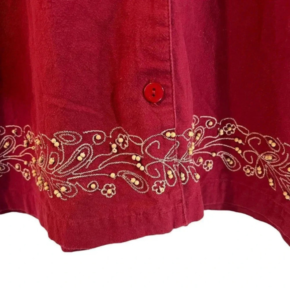 Jane Ashley Rust Red Beaded Top Size Large Button Up Collared Short Sleeve Shirt - Picture 2 of 6